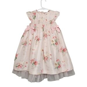 Janie and Jack 3T Special Occasion 100% Silk Dress Pink Floral Smocked  Spring